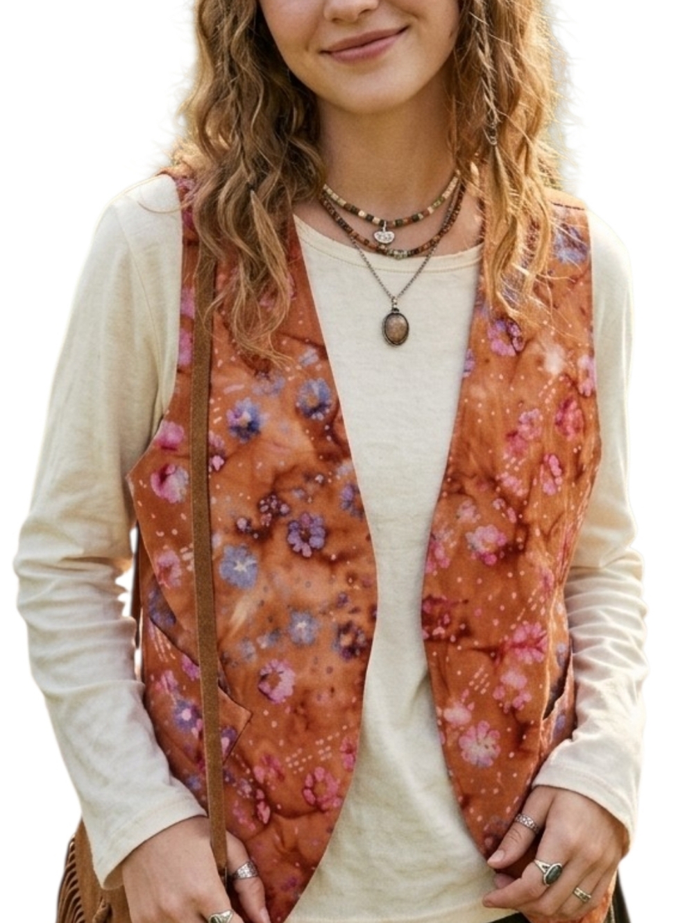 Vintage 90s Whimsigoth Tie Dye Floral Open Front Vest Earthy Brown Pink